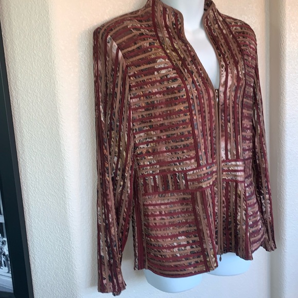OBSTINEE by IKA blazer, maroon ribbon, tan/brown iridescent fabric, zips. M EUC - Picture 3 of 17